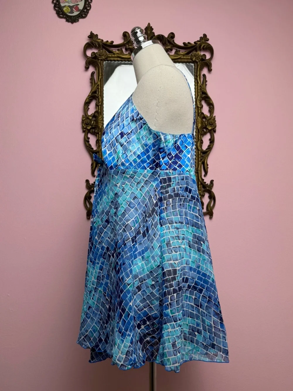 Vintage 90s Victorias Secret Mosaic Reptile Blue Babydoll Slip Nightie Large - Picture 3 of 11